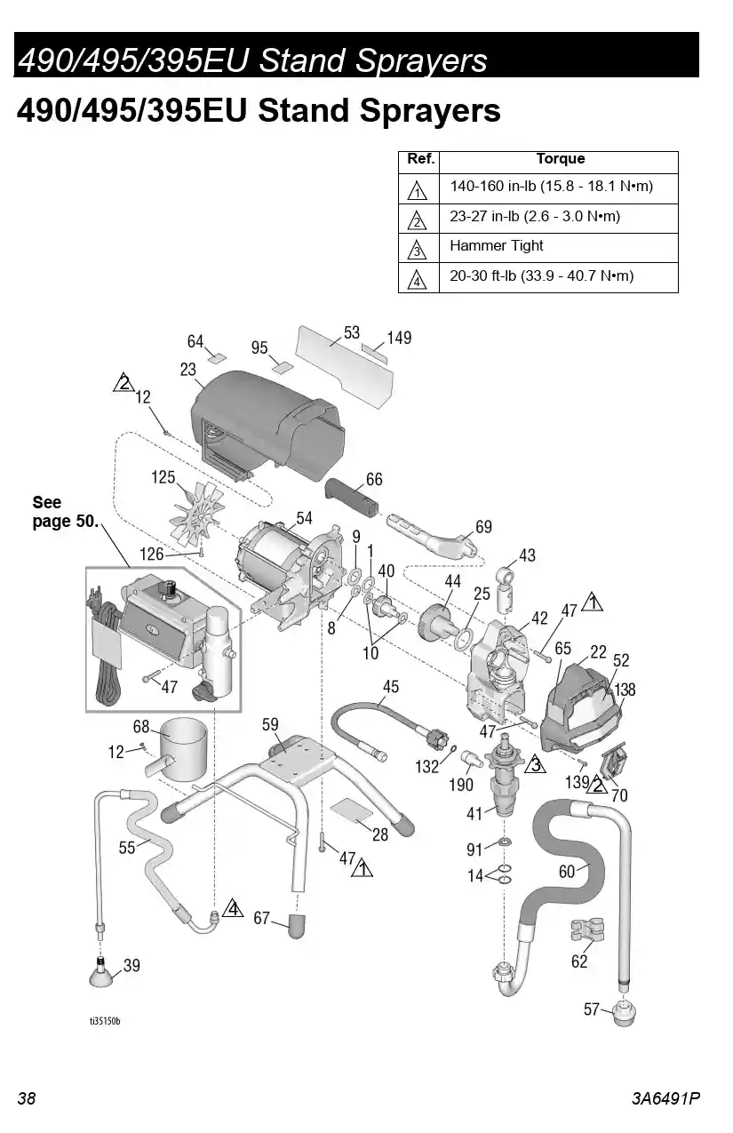Parts breakdown for Graco Ultra Max II 490/495 PC Pro Stand airless sprayer models 17E852 and 17E855