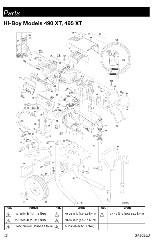 Parts breakdown for Graco Ultra 490 XT and 495 XT Hi-Boy airless sprayers