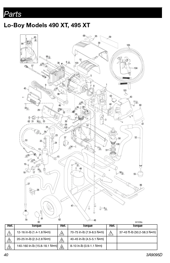 Parts breakdown for Graco Ultra 490 XT and 495 XT Lo-Boy airless sprayers