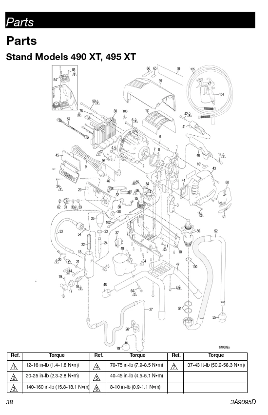 Parts breakdown for Graco Ultra 490 XT and 495 XT