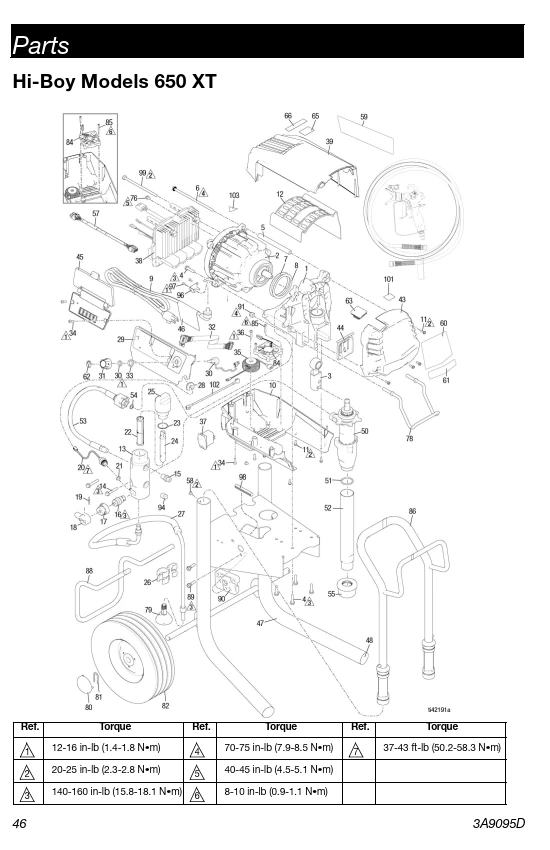 Parts breakdown for Graco Ultra 650 XT Hi-Boy airless sprayers