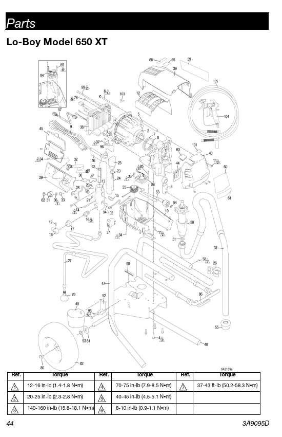 Parts breakdown for Graco Ultra 650 XT Lo-Boy airless sprayers
