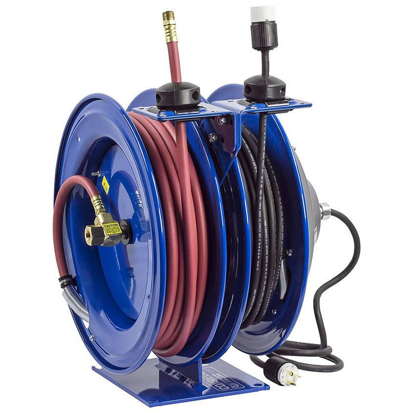 COXREELS C-L350-5016-A Spring Rewind Combo Reel Air Hose and Electric Cord:  50' of 3/8 I.D. Air Hose and 50' x 16 AWG Industrial Receptacle Extension  Cord