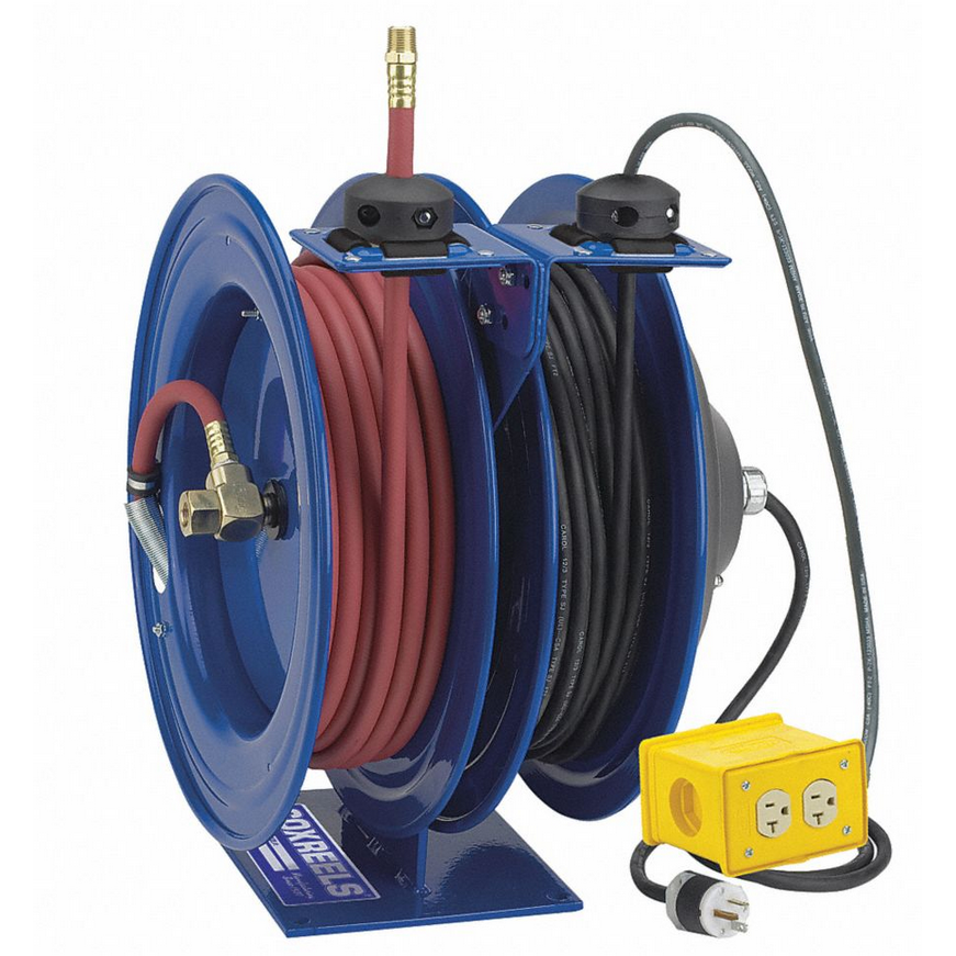 COXREELS C-L350-5012-B Spring Rewind Combo Reel Air Hose and Electric Cord:  50' of 3/8 I.D. Air Hose and 50' x 12 AWG Industrial Extension Cord with  Quad Outlet