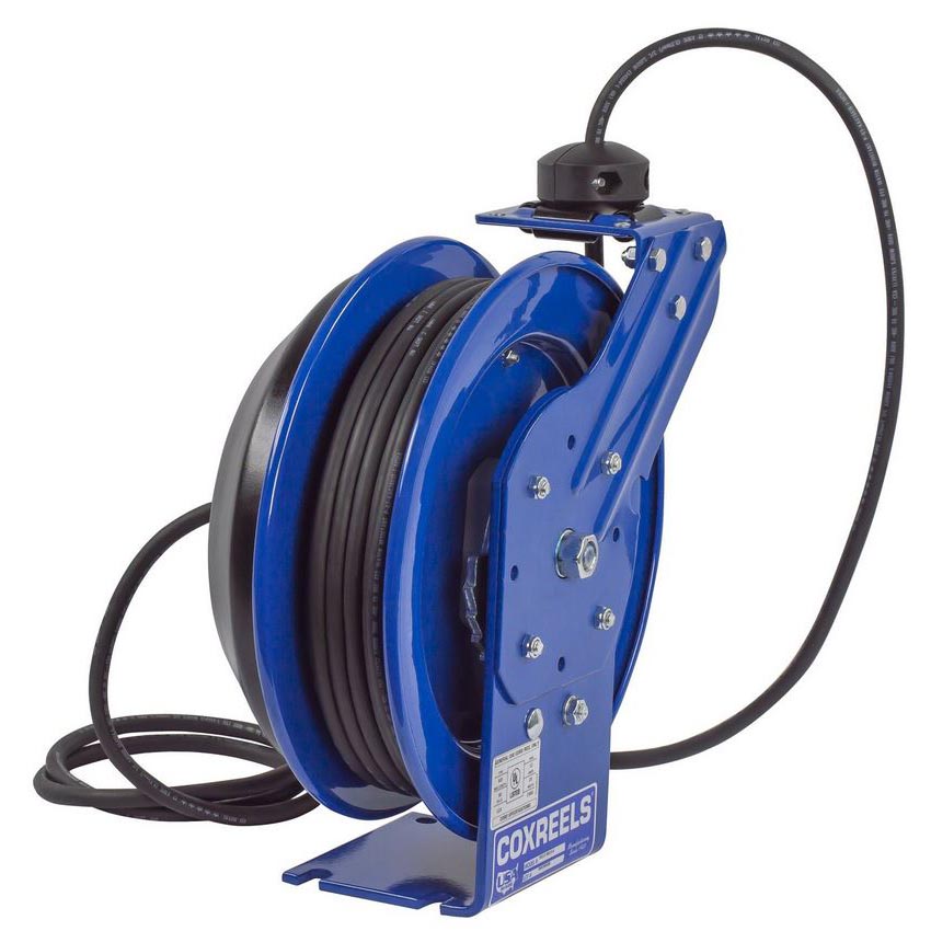 COXREELS PC13-5012-F Spring Rewind Power Cord Reel, 50' x 12 AWG, 20 Amps,  115V, Duplex GFCI Industrial Receptacle