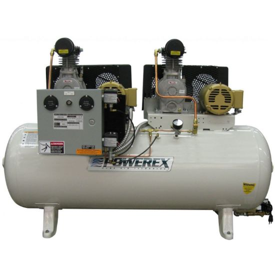 Picture of Powerex OTD0504 Duplex 10hp (2x5hp) Oil Free Piston Air Compressor, 36.4cfm, 120 Gallon, 3 Phase